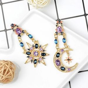 Gold Jeweled Moon + Star Burst Earrings
